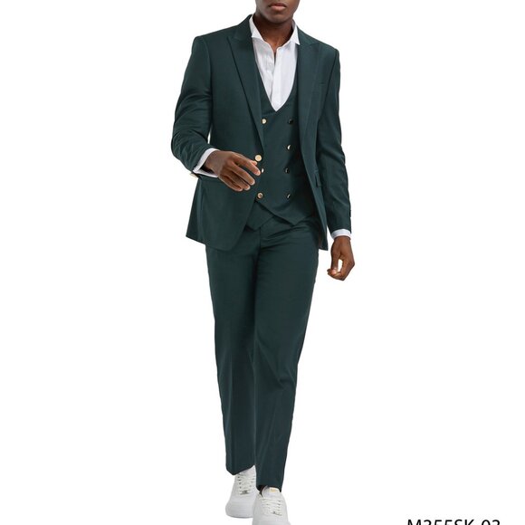 Green Peak Lapel Gold Buttons 3 Piece Skinny Fit Tazzio Men's Suit